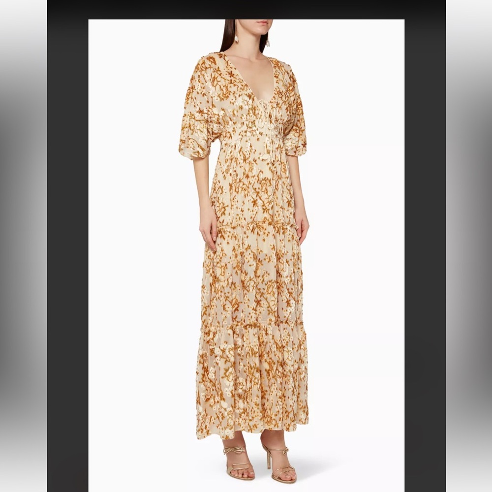 Hemant & Nandita Gold Cream Velvet Maxi Dress V Neck‎ Medium